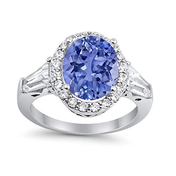 Halo Fashion Ring Baguette Simulated Tanzanite CZ 925 Sterling Silver